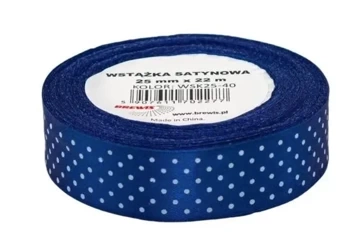 Wstążka satynowa w kropki niebieska 25mmx22m - Brewis
