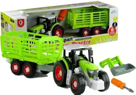 Traktor rozkręcany z otwierana przyczepą 43cm - Leantoys