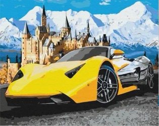 Diamentowa mozaika Auto sportowe żółte obok zamku w górach NO-1007745 - Norimpex