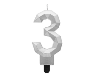 Świeczka cyferka 3 - Diament metalik srebrny 7,6cm - Godan