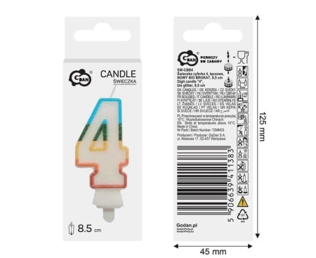 Świeczka cyfra 4 tęczowa 8,5cm - Godan