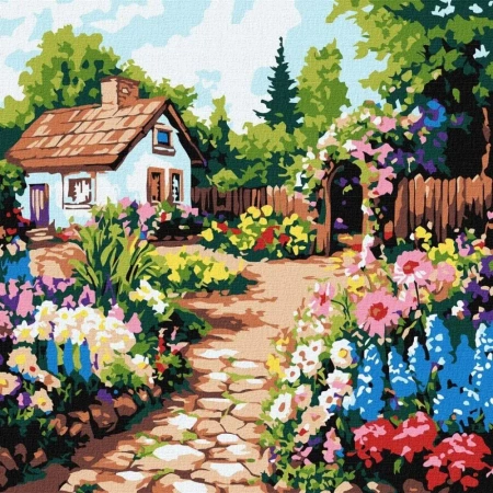 Malowania po numerach - Kwiaty przy chatce 30x30cm - Ideyka