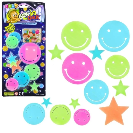 Naklejki fluorescencyjne na ścianę buźki, gwiazdki - Leantoys