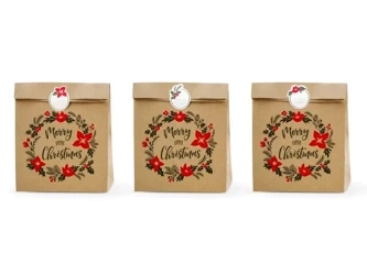 Torebki na prezenty Merry Christmas kraft 3szt - PartyDeco
