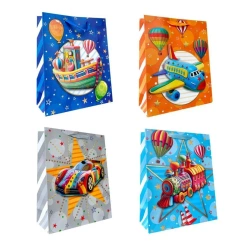 Torebka prezentowa dziecięca L brokat pojazdy mix - Ju-Piter