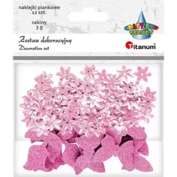 Cekiny kwiaty + naklejki mix różowe 12szt - Titanum