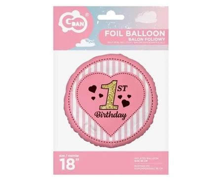 Balon foliowy 1st Birthday, różowy 45 cm - Godan