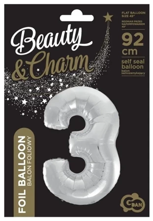 Balon foliowy cyfra 3 Beauty&Charm srebrna 92cm - Godan