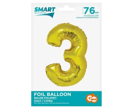 Balon foliowy cyfra 3 złota Smart 76cm - Godan