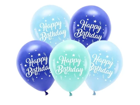 Balony Eco Happy Birthday niebieski 26cm 5szt - PartyDeco