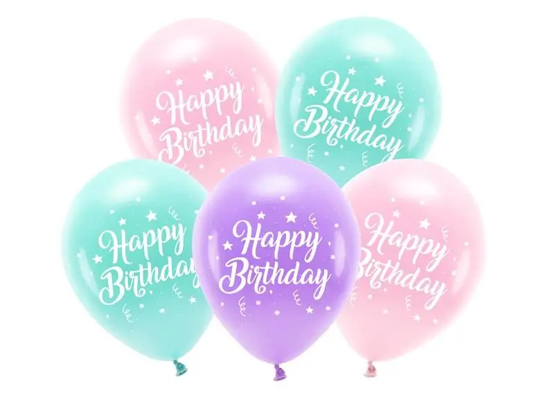 Balony Eco Happy Birthday różowy 26cm 5szt - PartyDeco