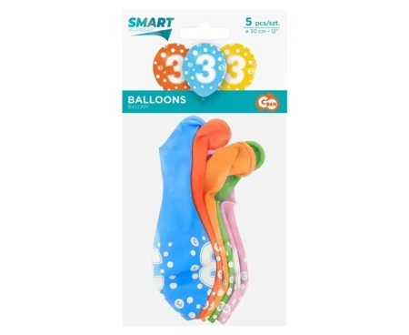 Balony cyfra 3 MIX 30cm 5szt - Godan