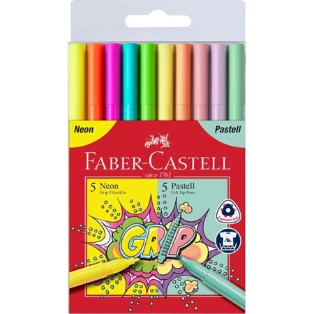 Flamastry Grip Faber-Castell 5 kolorów neonowych + 5 kolorów pastelowych w etui - FABER-CASTELL