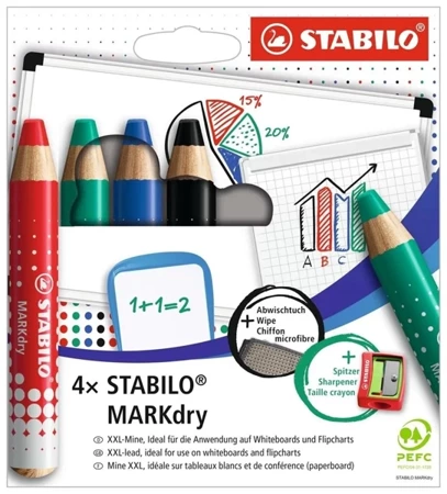 Kredka do tablic 4szt + temperówka + ściereczka - Stabilo