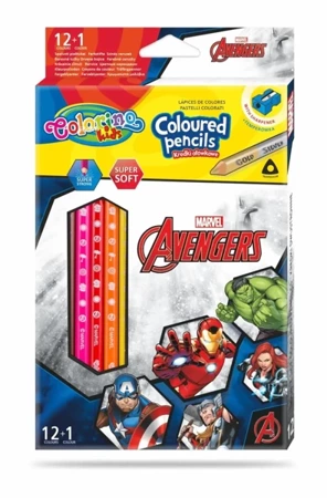 Kredki ołówkowe trójkątne Colorino Kids 13 kolorów 12 sztuk z temperówką Avengers - PATIO