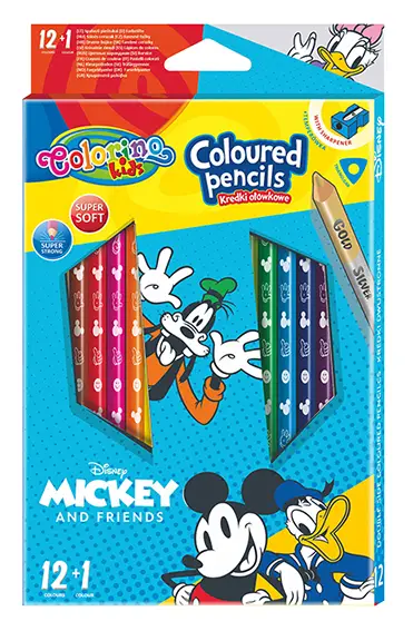 Kredki ołówkowe trójkątne Colorino Kids 13 kolorów 12 sztuk z temperówką Mickey - PATIO