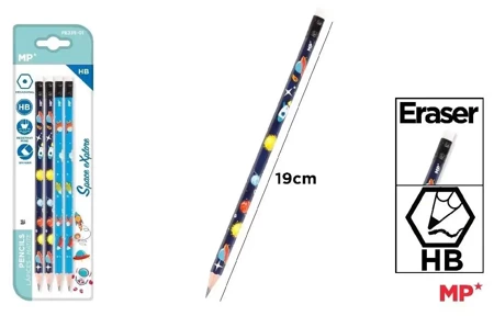 Ołówek z gumką HB 4szt Kosmos - MP Main Paper
