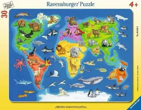 Puzzle 30 Mapa Świata zwierząt - praca zbiorowa