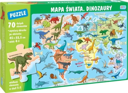 Puzzle 70 elementów. Mapa świata. Dinozaury - Wydawnictwo Jako