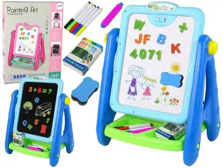 Tablica edukacyjna 2w1 niebieska kredy pisaki - Leantoys