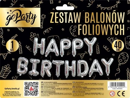 Zestaw balonów foliowych Happy Birthday srebrne - GoParty