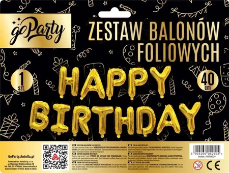 Zestaw balonów foliowych Happy Birthday złote - GoParty