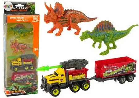 Zestaw dinozaury 2szt+ auto z rakietą i naczepą - Leantoys